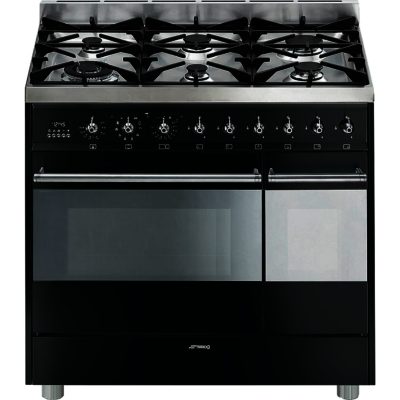 Smeg SY92PBL8 Symphony 90cm Dual Cavity Dual Fuel Pyro Range Cooker in Black Smeg SY92PBL8 Symphony 90cm Dual Cavity Dual Fuel Pyro Range Cooker in Black